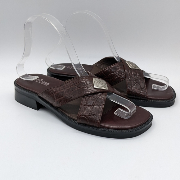 Minnetonka brown leather silver accent slip on sandal 7 - Picture 1 of 10